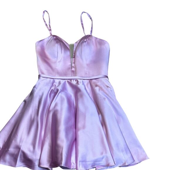 Formal Colette Mon Cheri PINK LILAC Satin Mini Skater Illusion V Neck Dress SZ.6 - Picture 13 of 15